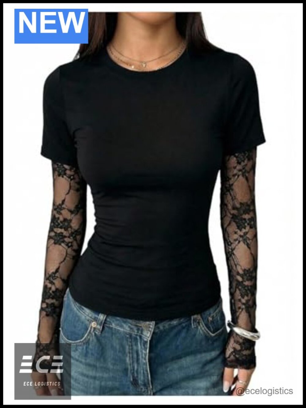 Lace Long Sleeve T-Shirt Loose Fit Crew Neck 2 in 1 Casual Y2K Top